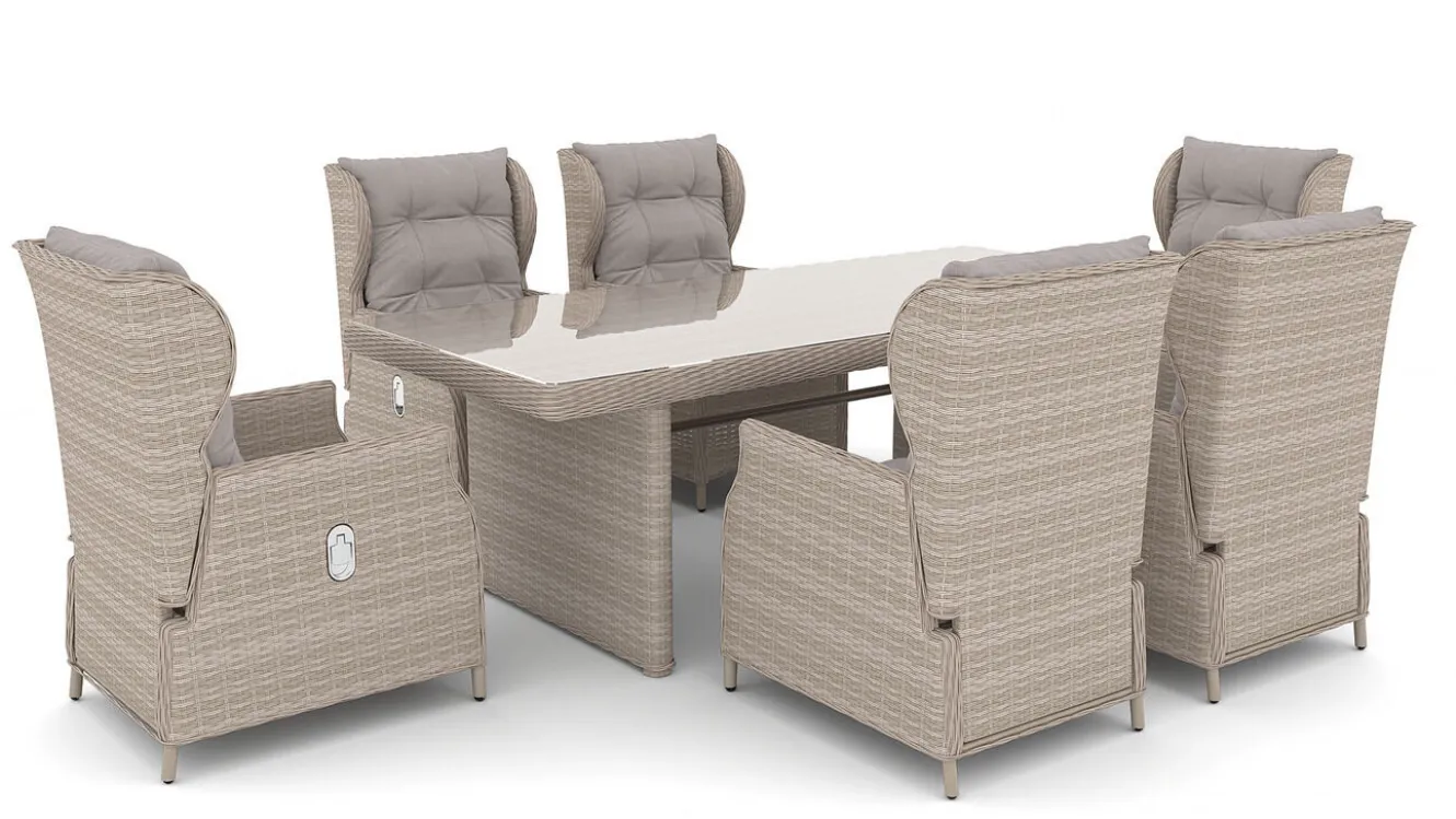 ARTELIA Bariya L Garten-Essgruppe, beige, Polyrattan, Tisch inkl. 6 Dining Sessel & Auflagen, verstellbar