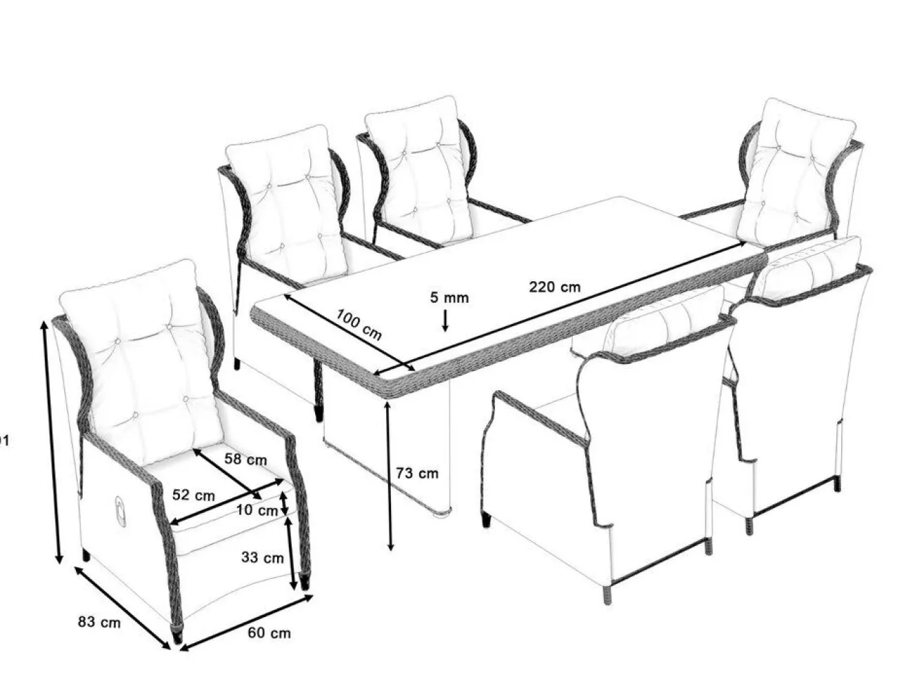 ARTELIA Bariya L Garten-Essgruppe, beige, Polyrattan, Tisch inkl. 6 Dining Sessel & Auflagen, verstellbar