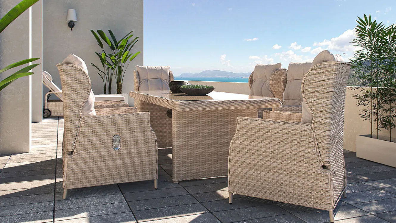 ARTELIA Bariya L Garten-Essgruppe, beige, Polyrattan, Tisch inkl. 6 Dining Sessel & Auflagen, verstellbar