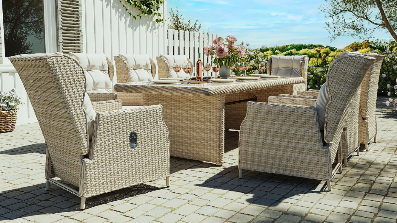 ARTELIA Bariya XL Garten-Essgruppe, beige/grau, Polyrattan/Glas, Tisch inkl. 8 verstellbare Sessel und Polster