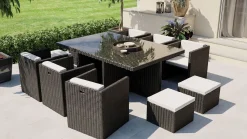 ARTELIA Boreas L Garten-Essgruppe mit 6 Sesseln, schwarz, Alu/Polyrattan, inkl. Kissen & 4 Hocker