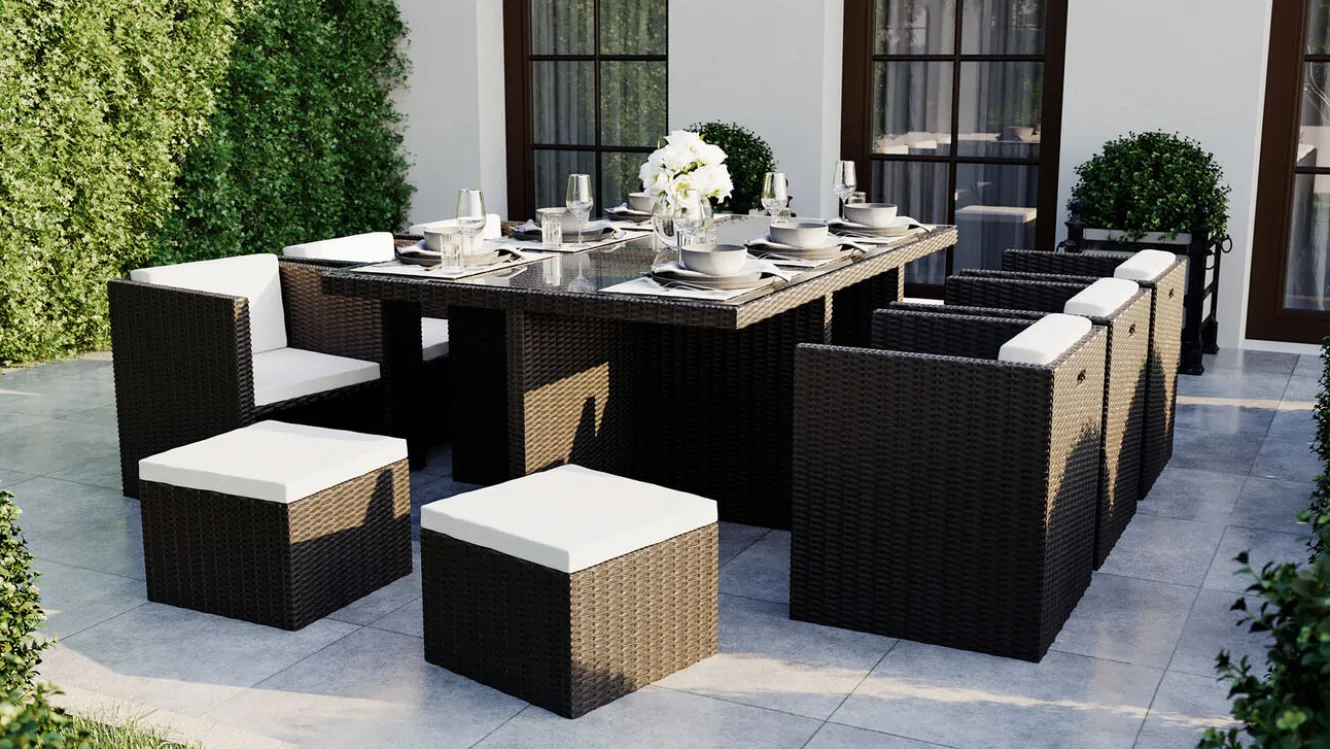 ARTELIA Boreas L Garten-Essgruppe mit 6 Sesseln, schwarz, Alu/Polyrattan, inkl. Kissen & 4 Hocker