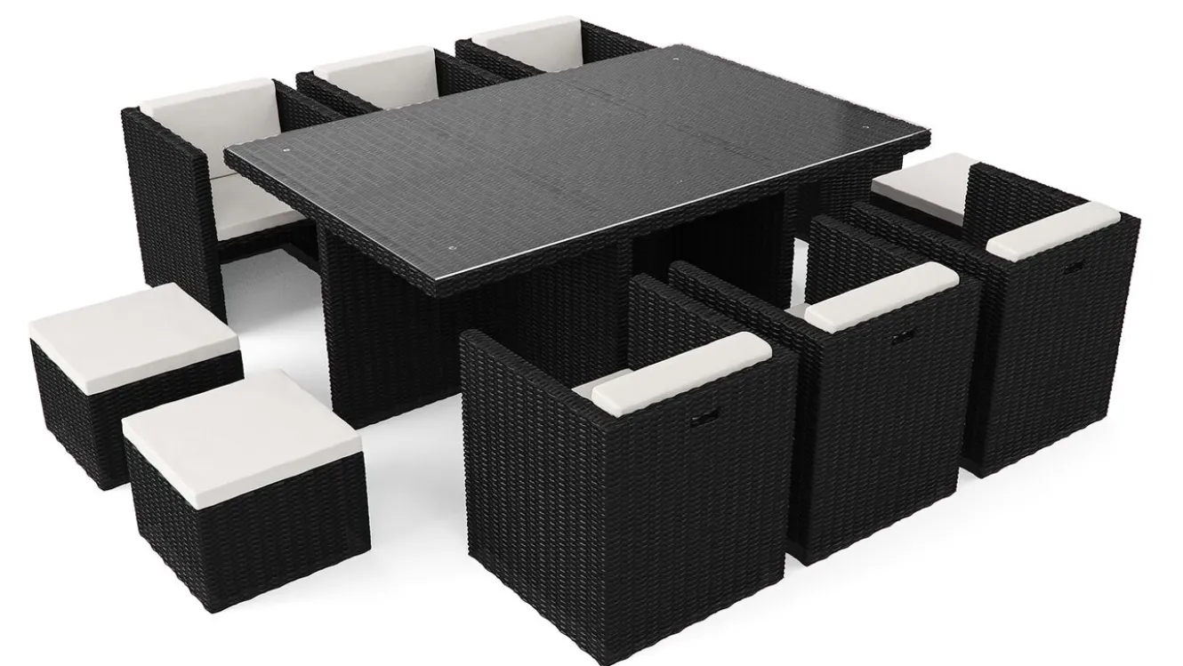 ARTELIA Boreas L Garten-Essgruppe mit 6 Sesseln, schwarz, Alu/Polyrattan, inkl. Kissen & 4 Hocker