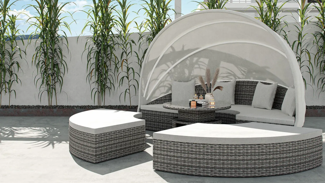 ARTELIA Hummel Plus Sonneninsel, grau/beige, Alu/Polyrattan, höhenverstellbarer Tisch, Sonnenschutz und Sichtschutz