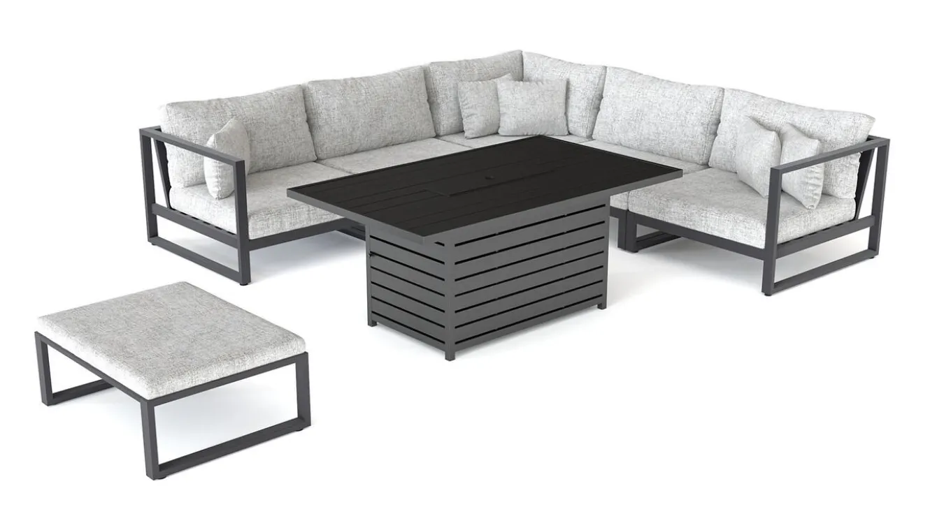 ARTELIA Matteo Corner Gartenlounge mit Feuertisch für 5 Personen, anthrazit/grau, Aluminium, inkl. Kissen & Hocker