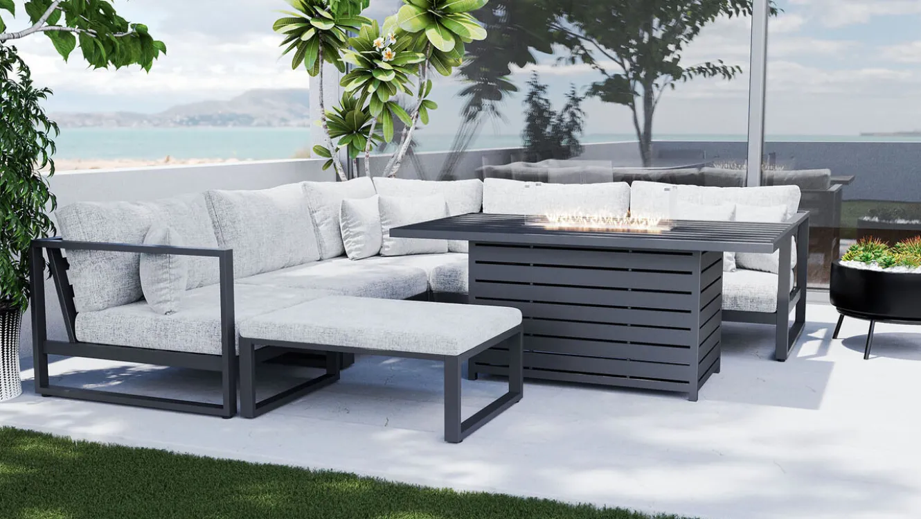 ARTELIA Matteo Corner Gartenlounge mit Feuertisch für 5 Personen, anthrazit/grau, Aluminium, inkl. Kissen & Hocker