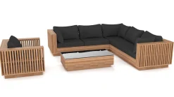 ARTELIA Piano Gartenlounge, naturbelassen/schwarz, Akazie/Glas, Ecksofa inkl. Sessel & Beistelltisch, langlebiges Material