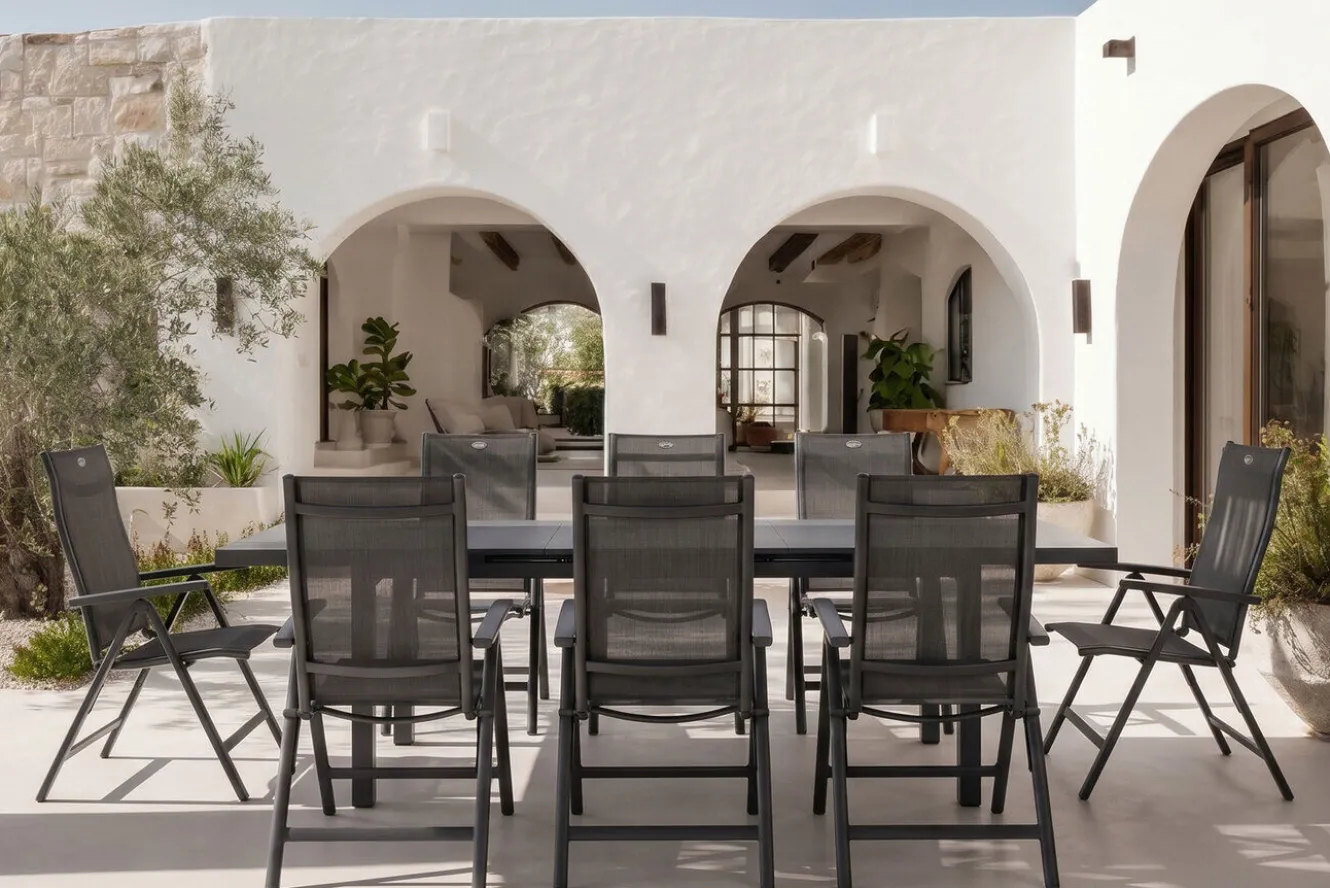 HARTMAN Alice Comfort Garten-Essgruppe, xerix, Alu/Textilene, Tisch 180/240x100cm, 8 Klappstühle