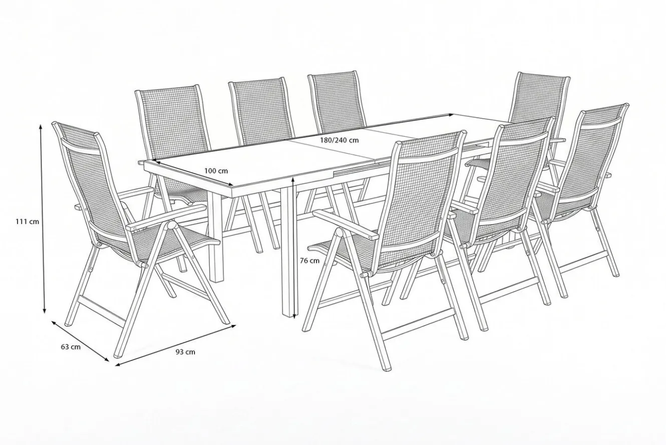 HARTMAN Alice Comfort Garten-Essgruppe, xerix, Alu/Textilene, Tisch 180/240x100cm, 8 Klappstühle