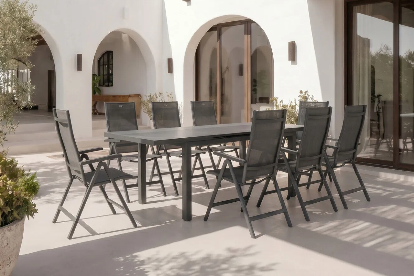 HARTMAN Alice Comfort Garten-Essgruppe, xerix, Alu/Textilene, Tisch 180/240x100cm, 8 Klappstühle