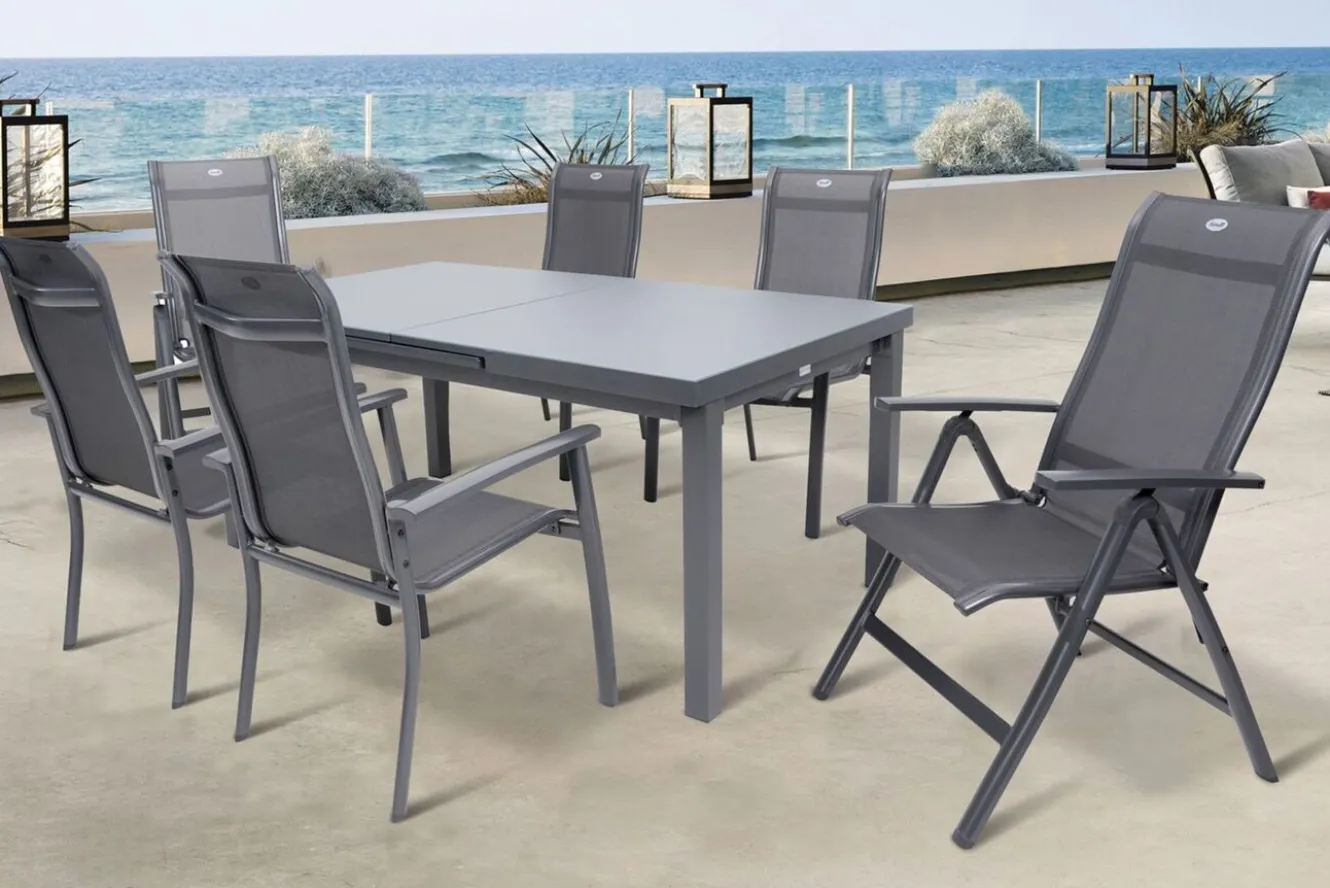 HARTMAN Alice Comfort Garten-Essgruppe, xerix, Alu/Textilene, Tisch 180/240x100cm, 4 Stapel-, 2 Klappstühle