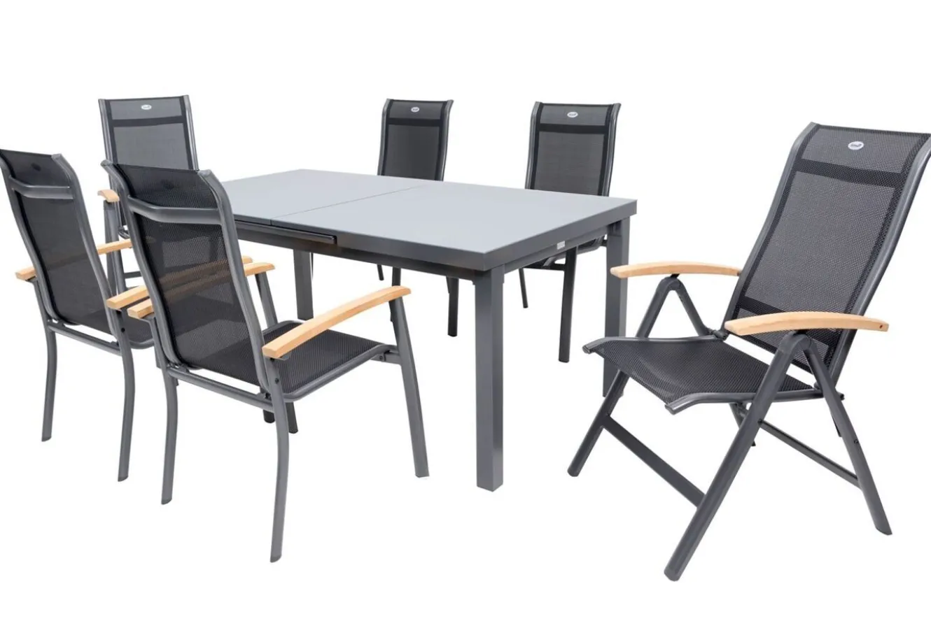 HARTMAN Alice Garten-Essgruppe, xerix, Alu/4x4 Textilen, Tisch 180/240x100cm, 4 Stapel-, 2 Klappstühle