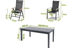 HARTMAN Alice Garten-Essgruppe, xerix, Alu/4x4 Textilen, Tisch 180/240x100cm, 4 Stapel-, 2 Klappstühle