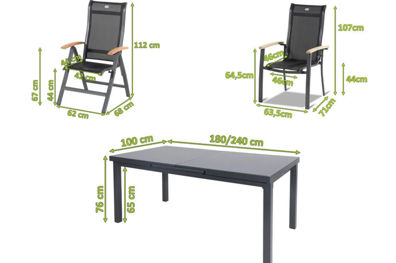 HARTMAN Alice Garten-Essgruppe, xerix, Alu/4x4 Textilen, Tisch 180/240x100cm, 4 Stapel-, 2 Klappstühle