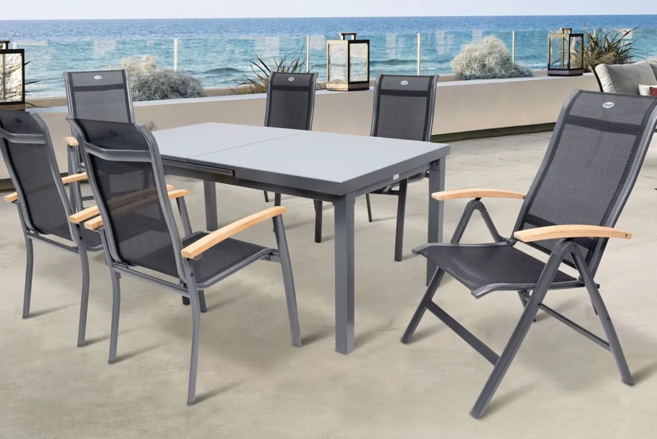 HARTMAN Alice Garten-Essgruppe, xerix, Alu/4x4 Textilen, Tisch 180/240x100cm, 4 Stapel-, 2 Klappstühle