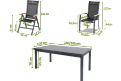 HARTMAN Alice Garten-Essgruppe, xerix, Alu/4x4 Textilen, Tisch 180/240x100cm, 4 Stapel-, 2 Klappstühle