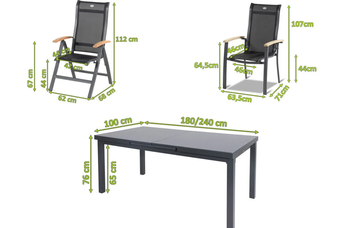 HARTMAN Alice Garten-Essgruppe, xerix, Alu/4x4 Textilen, Tisch 180/240x100cm, 4 Stapel-, 2 Klappstühle