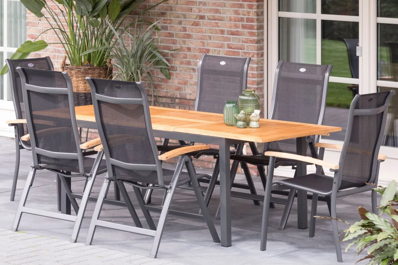 HARTMAN Alice Garten-Essgruppe, xerix/natur, Alu/Teak, 4x4 Textilen, 4 Klappstühle, 2 Stapelsessel, inkl. Ausziehtisch, 150/210x90cm