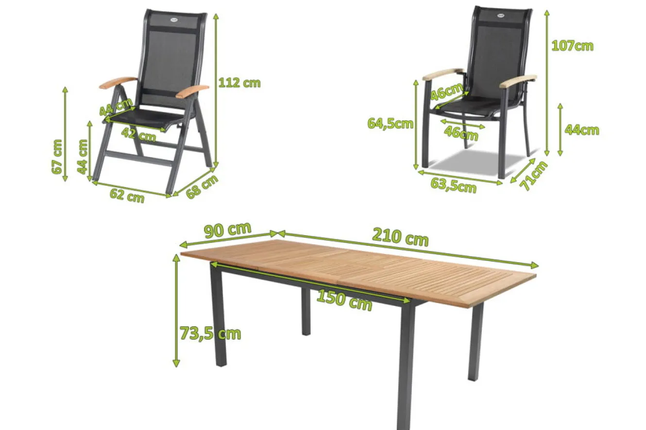 HARTMAN Alice Garten-Essgruppe, xerix/natur, Alu/Teak, 4x4 Textilen, 4 Klappstühle, 2 Stapelsessel, inkl. Ausziehtisch, 150/210x90cm