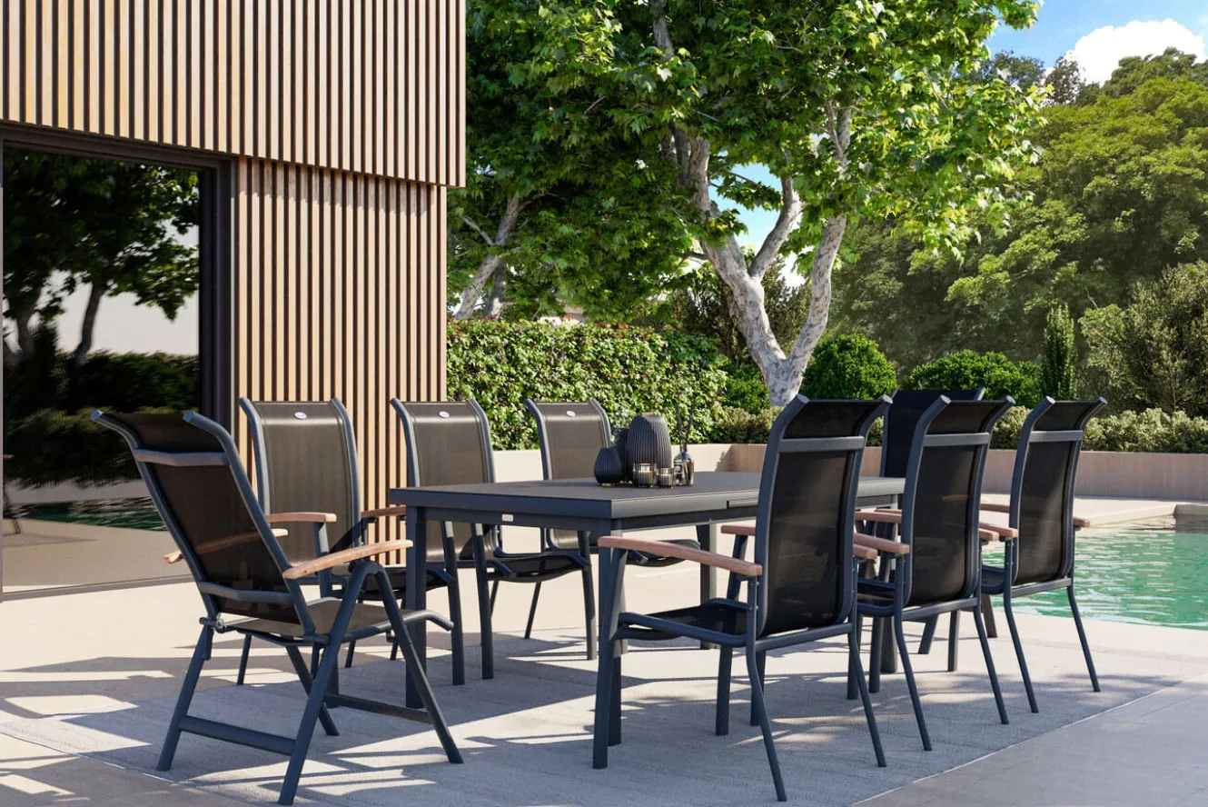 HARTMAN Alice Garten-Essgruppe, xerix, Alu/4x4 Textilen, Tisch 180/240x100cm, 6 Stapel-, 2 Klappstühle
