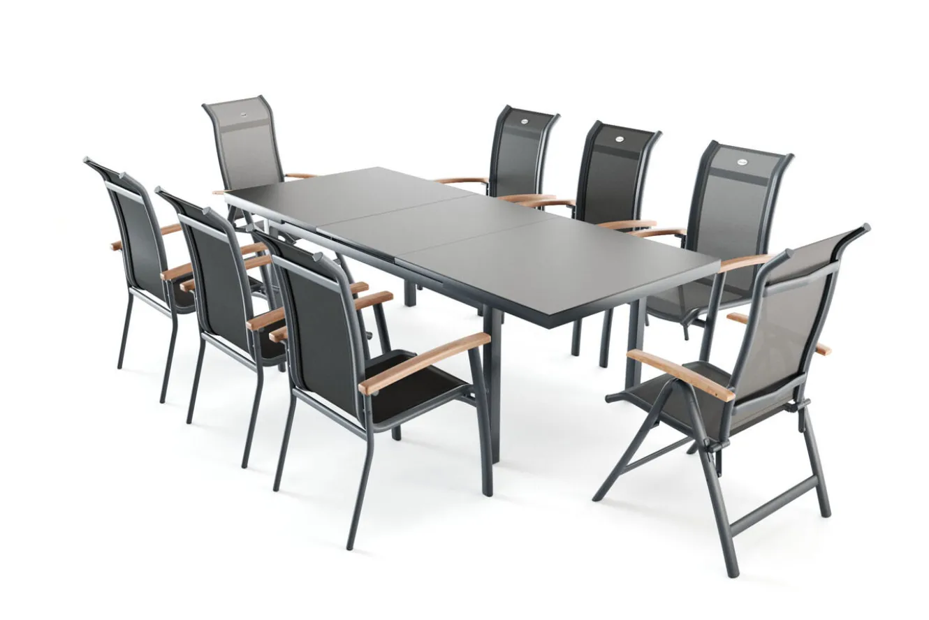 HARTMAN Alice Garten-Essgruppe, xerix, Alu/4x4 Textilen, Tisch 180/240x100cm, 6 Stapel-, 2 Klappstühle