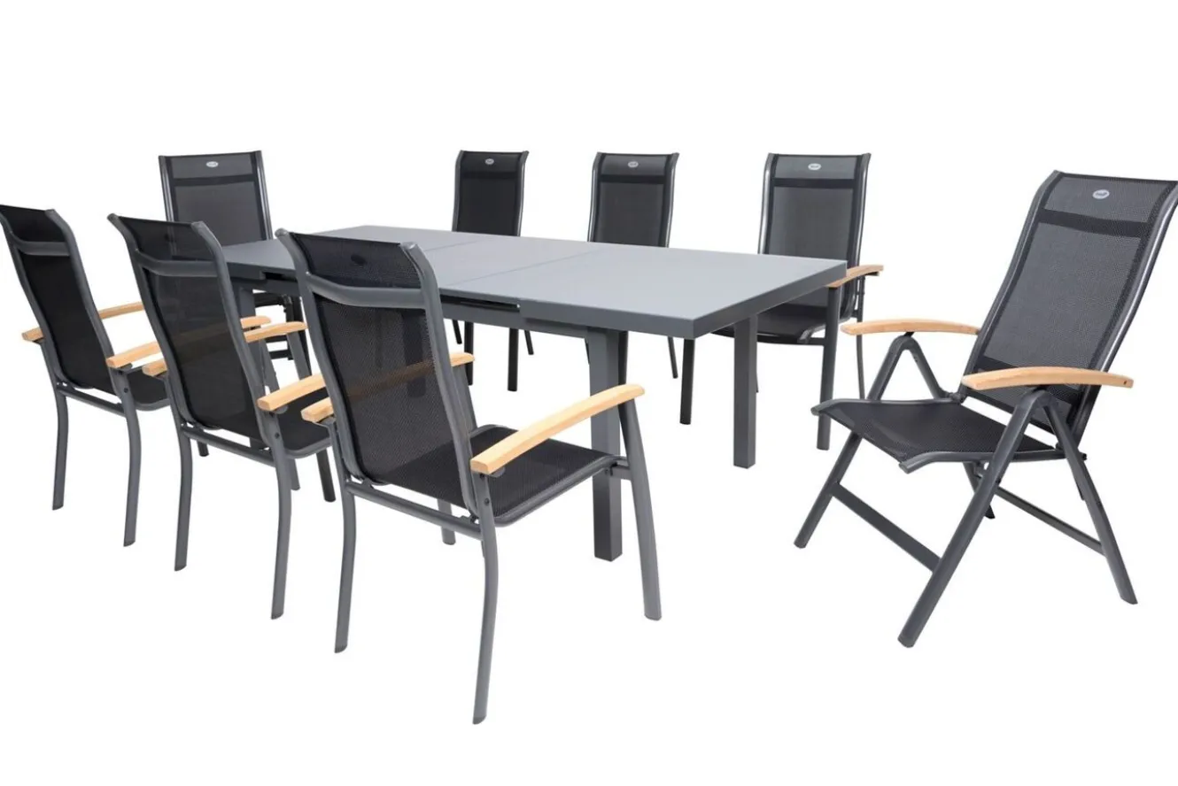 HARTMAN Alice Garten-Essgruppe, xerix, Alu/4x4 Textilen, Tisch 180/240x100cm, 6 Stapel-, 2 Klappstühle