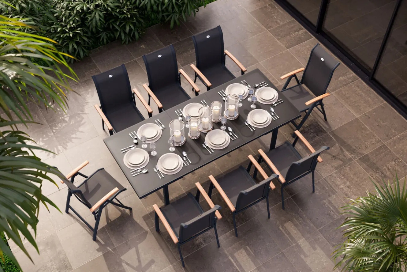 HARTMAN Alice Garten-Essgruppe, xerix, Alu/4x4 Textilen, Tisch 180/240x100cm, 6 Stapel-, 2 Klappstühle