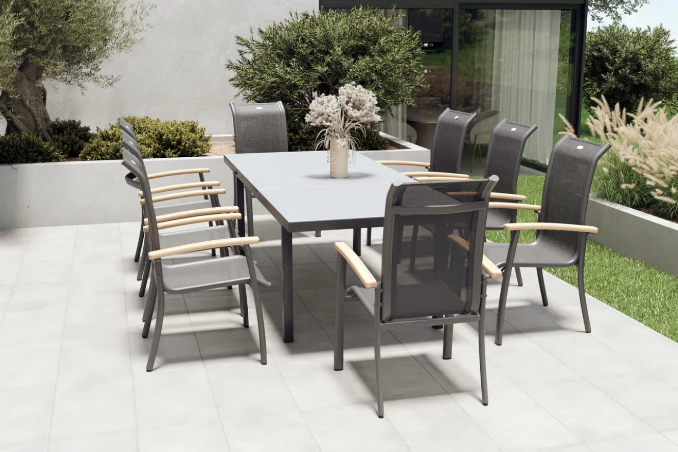 HARTMAN Alice Garten-Essgruppe, xerix, Alu/4x4 Textilen, Tisch 180/240x100cm, 8 Stapelsessel