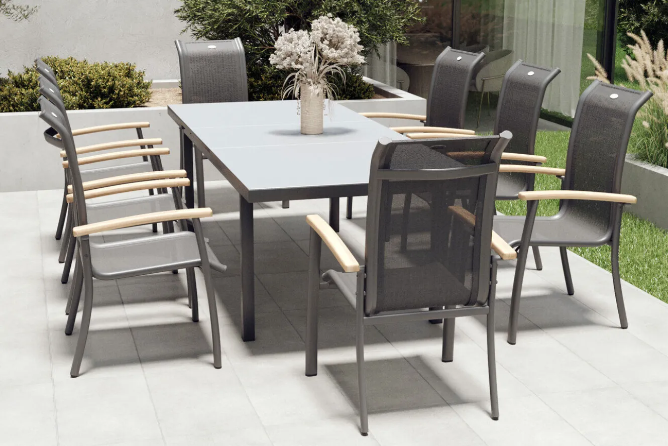 HARTMAN Alice Garten-Essgruppe, xerix, Alu/4x4 Textilen, Tisch 180/240x100cm, 8 Stapelsessel