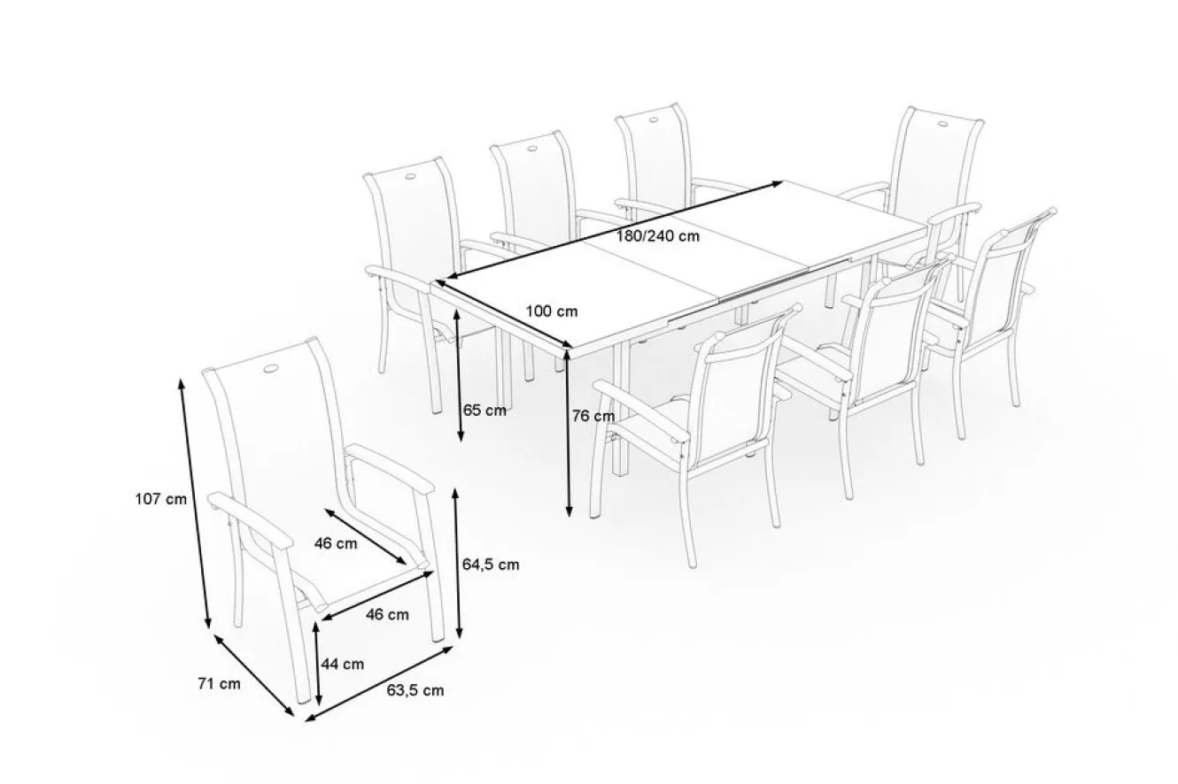 HARTMAN Alice Garten-Essgruppe, xerix, Alu/4x4 Textilen, Tisch 180/240x100cm, 8 Stapelsessel