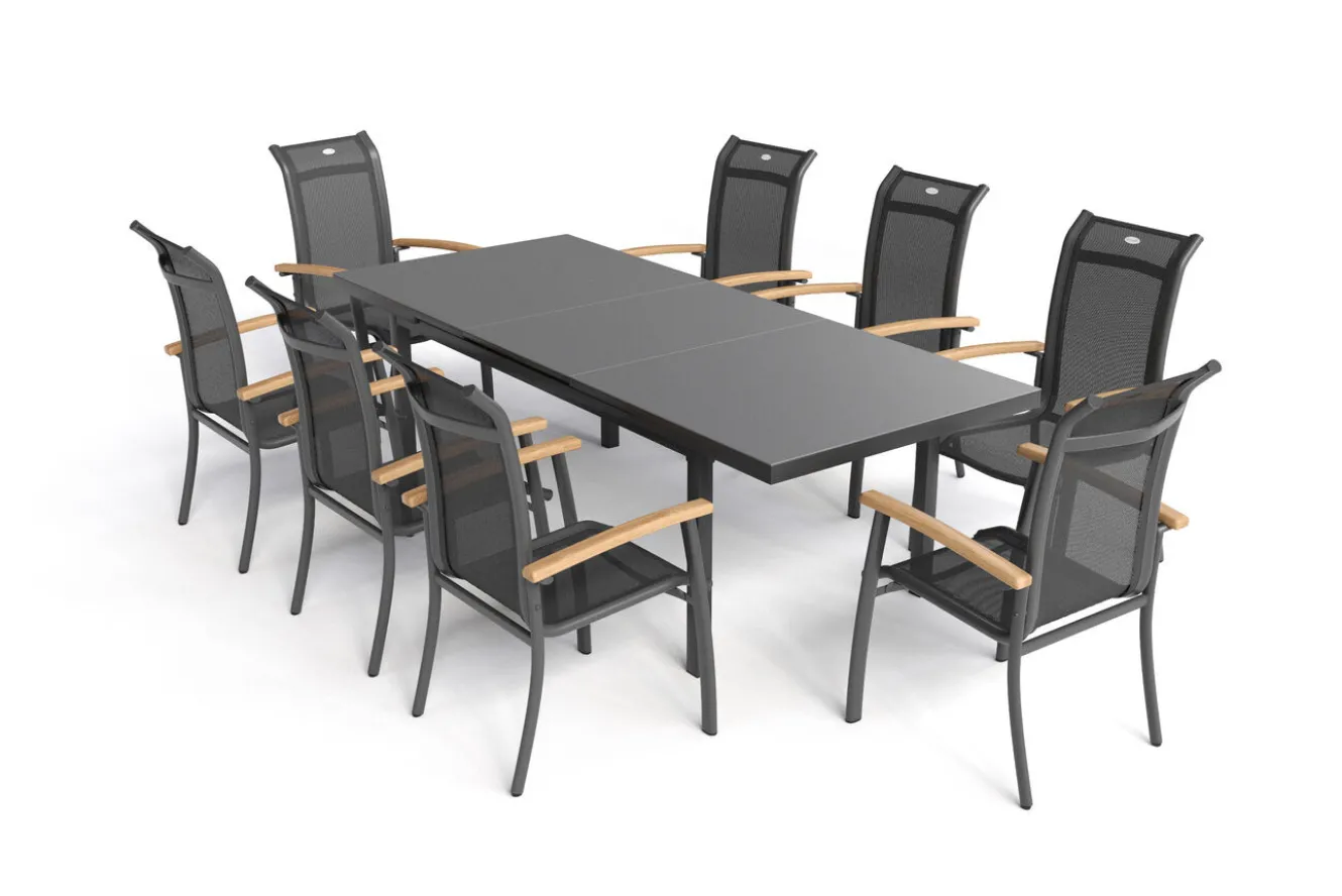 HARTMAN Alice Garten-Essgruppe, xerix, Alu/4x4 Textilen, Tisch 180/240x100cm, 8 Stapelsessel