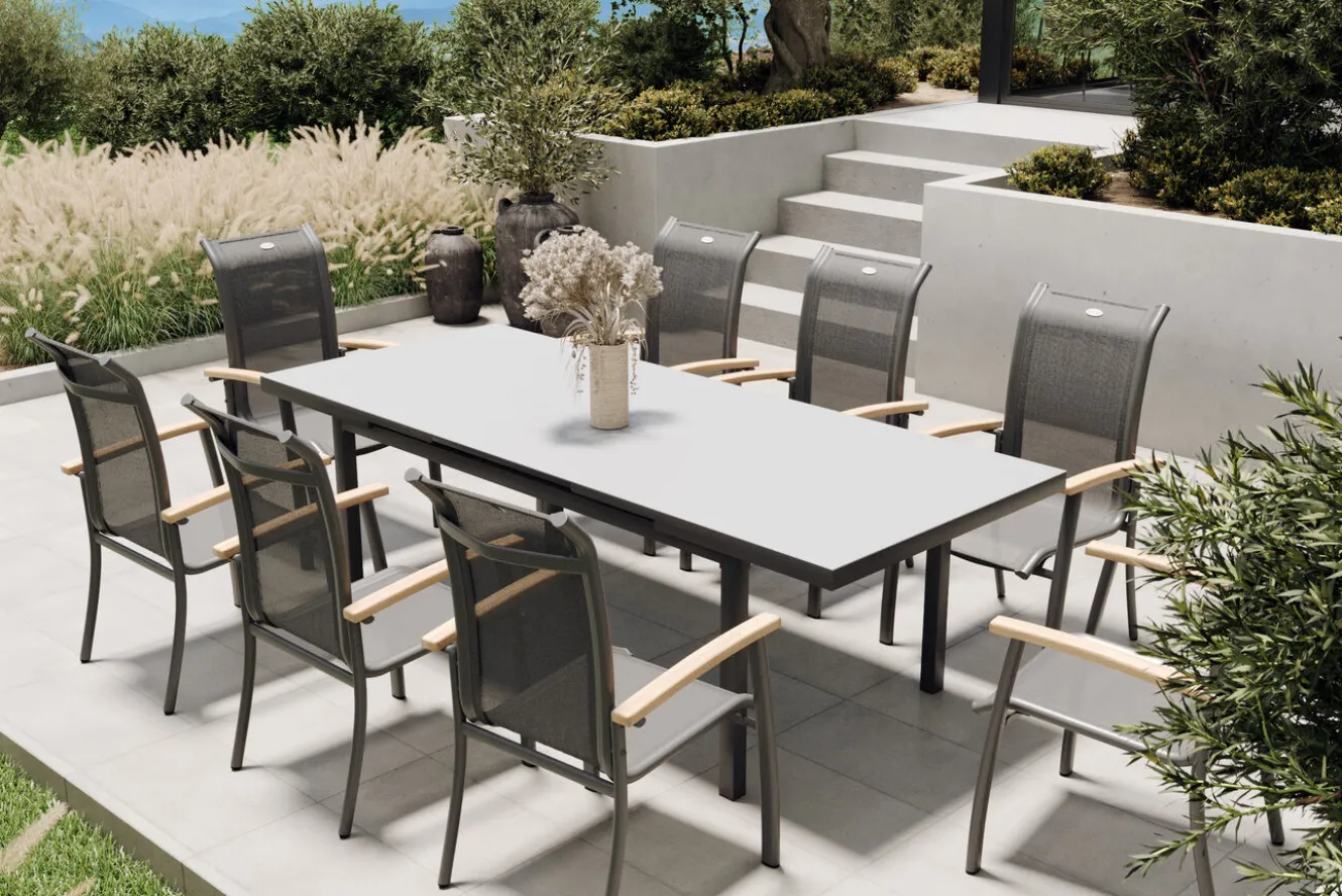 HARTMAN Alice Garten-Essgruppe, xerix, Alu/4x4 Textilen, Tisch 180/240x100cm, 8 Stapelsessel