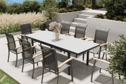 HARTMAN Alice Garten-Essgruppe, xerix, Alu/4x4 Textilen, Tisch 180/240x100cm, 8 Stapelsessel