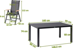 HARTMAN Alice Garten-Essgruppe, xerix/anthrazit, Alu/Spraystone/Teak/2x2 Textilen, 160x95 cm, 4 Klappstühle, Teak Armlehnen