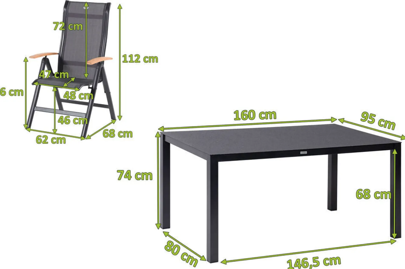 HARTMAN Alice Garten-Essgruppe, xerix/anthrazit, Alu/Spraystone/Teak/2x2 Textilen, 160x95 cm, 4 Klappstühle, Teak Armlehnen