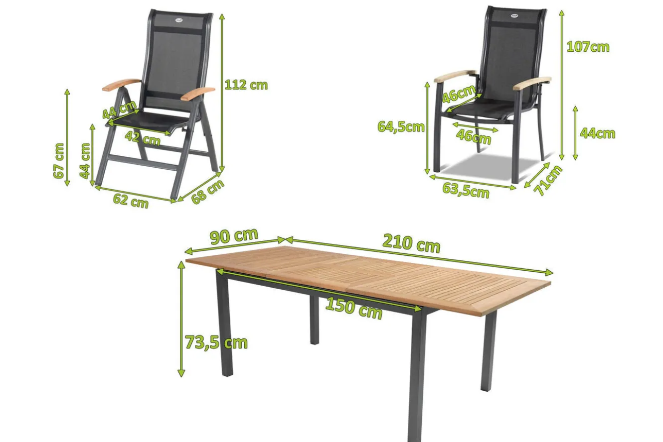 HARTMAN Alice Garten-Essgruppe, xerix/natur, Alu/Teak, 4x4 Textilene, 2 Klappstühle, 4 Stapelsessel, 150/210x90cm