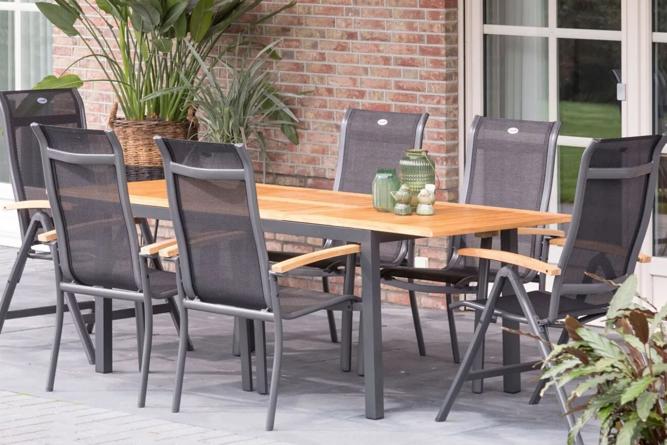 HARTMAN Alice Garten-Essgruppe, xerix/natur, Alu/Teak, 4x4 Textilene, 2 Klappstühle, 4 Stapelsessel, 150/210x90cm
