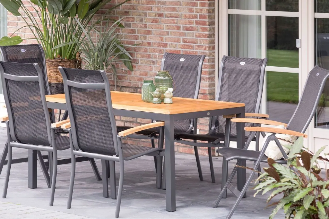 HARTMAN Alice Garten-Essgruppe, xerix/natur, Alu/Teak, 4x4 Textilene, 2 Klappstühle, 4 Stapelsessel, 150/210x90cm