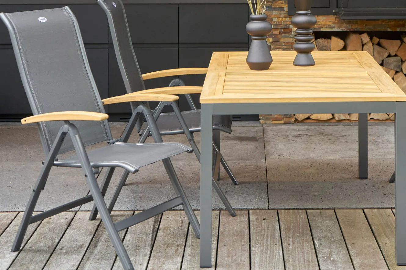 HARTMAN Alice Klappstuhl, Alu/2x2 Textilen, xerix/anthrazit, mit Teak Armlehnen