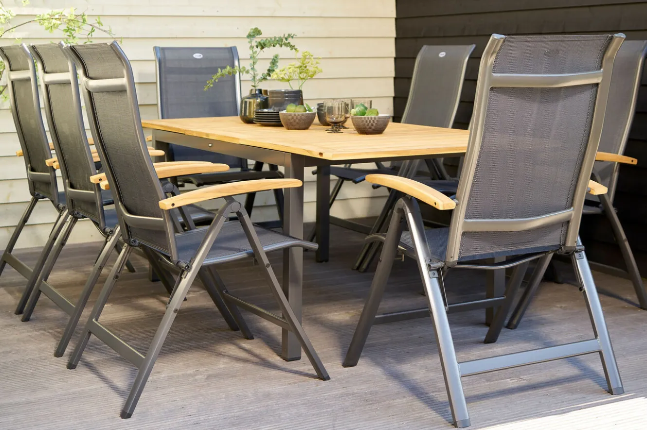 HARTMAN Alice/South Wales Garten-Essgruppe, xerix/natur, Alu/Teak/2x2 Textilen, 150/210x90 cm, 8 Klappstühle
