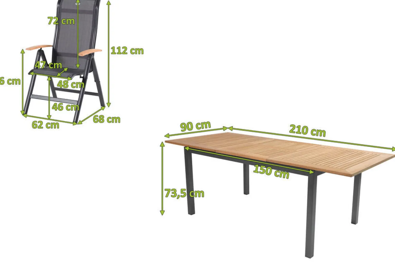 HARTMAN Alice/South Wales Garten-Essgruppe, xerix/natur, Alu/Teak/2x2 Textilen, 150/210x90 cm, 8 Klappstühle