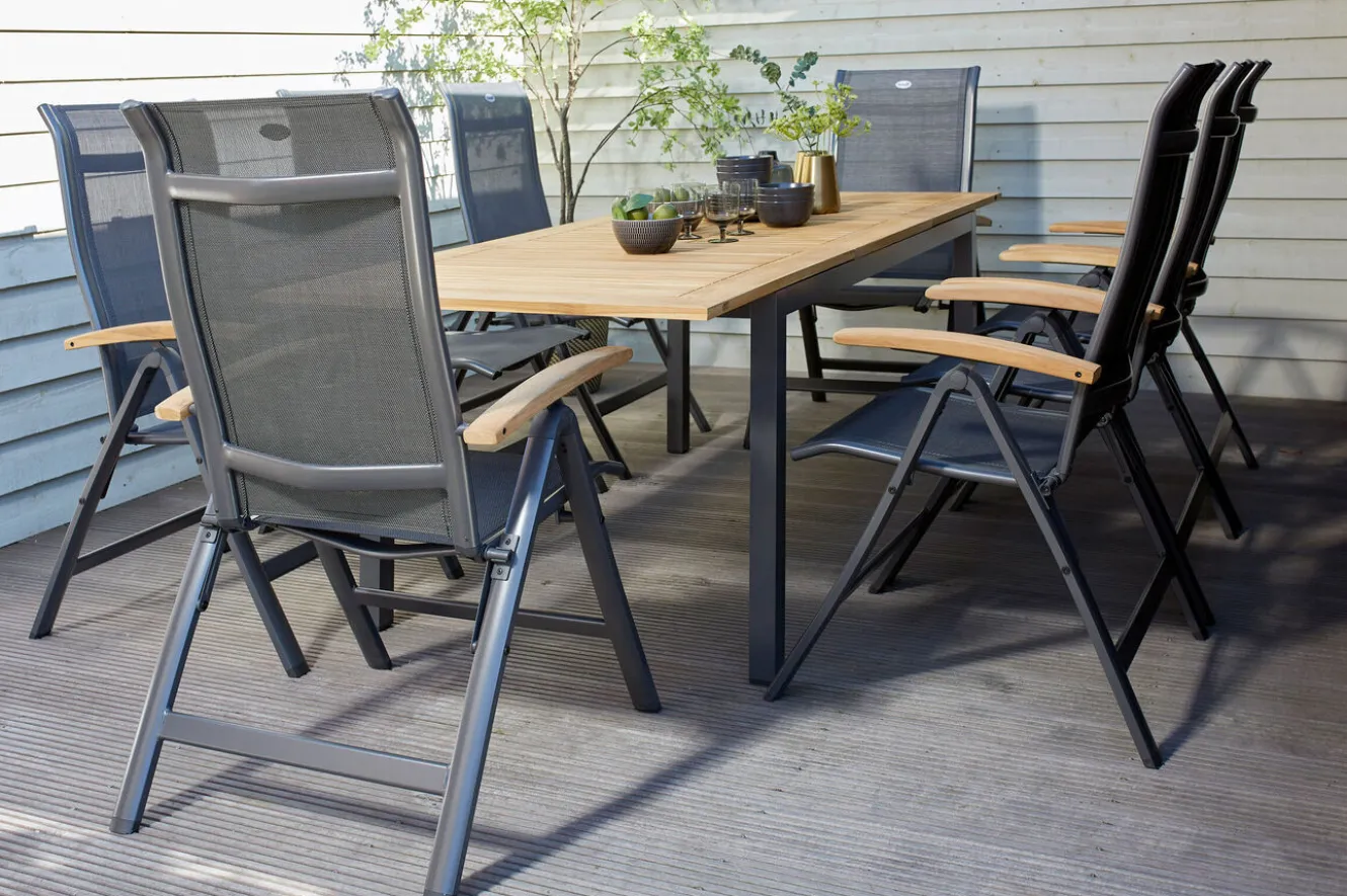 HARTMAN Alice/South Wales Garten-Essgruppe, xerix/natur, Alu/Teak/2x2 Textilen, 150/210x90 cm, 8 Klappstühle
