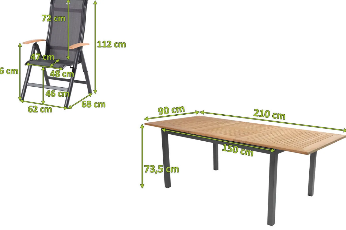 HARTMAN Alice/South Wales Garten-Essgruppe, xerix/natur, Alu/Teak/2x2 Textilen, 150/210x90 cm, 6 Klappstühle