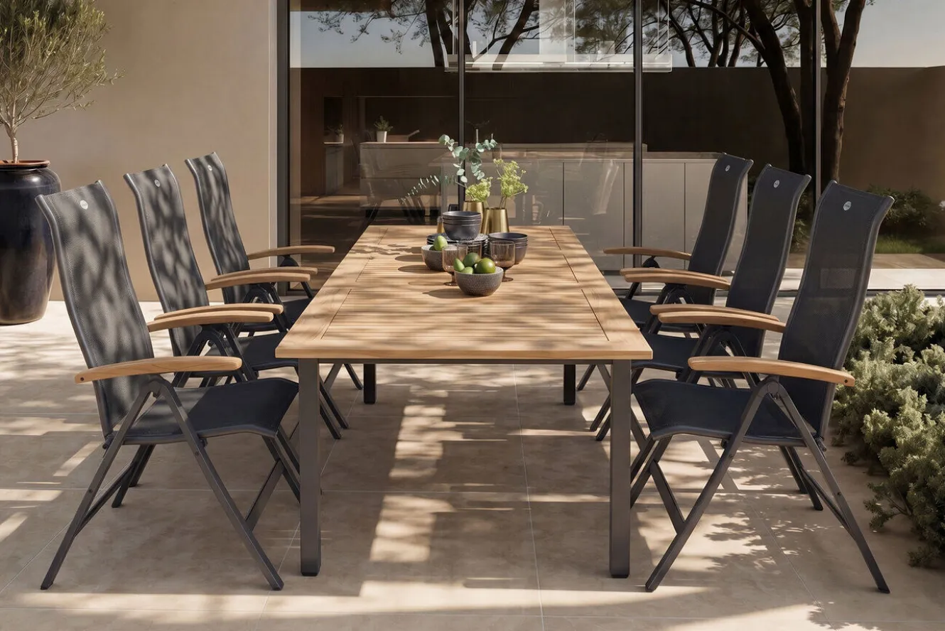 HARTMAN Alice/South Wales Garten-Essgruppe, xerix/natur, Alu/Teak/2x2 Textilen, 150/210x90 cm, 6 Klappstühle