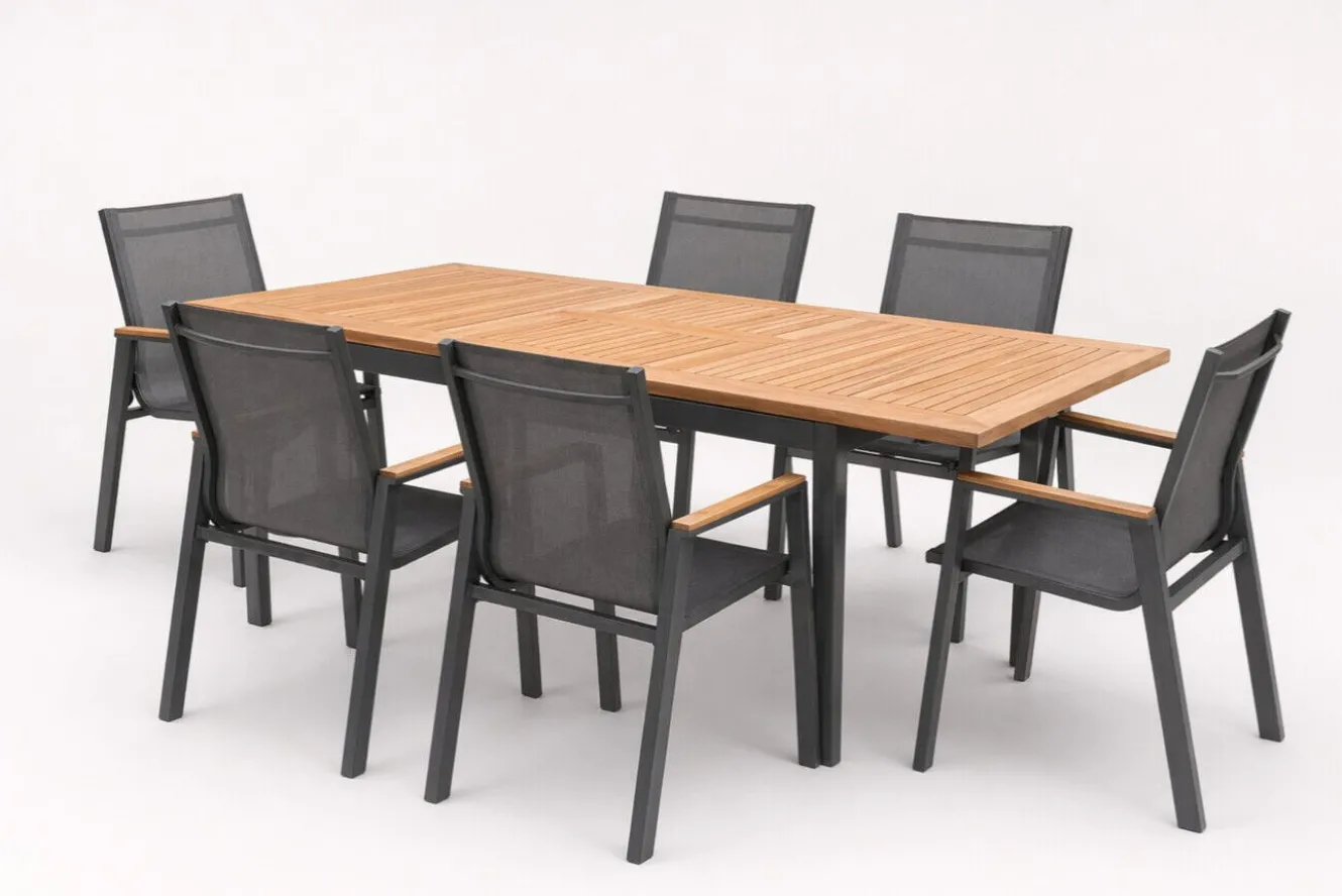 HARTMAN Aruba Garten-Essgruppe, xerix/natur, Alu/Teak, 6 Stapelsessel, 150/210x90cm