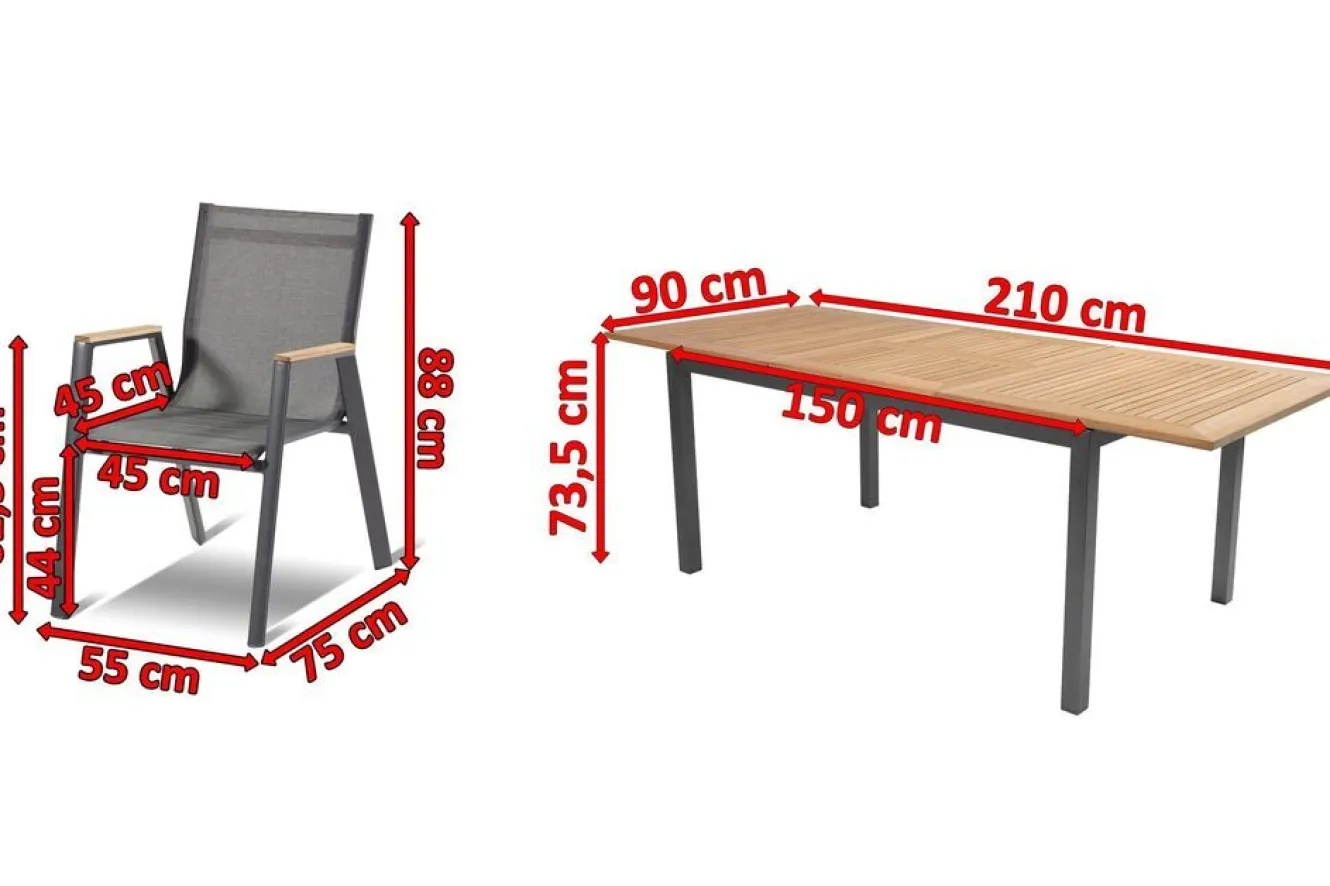 HARTMAN Aruba Garten-Essgruppe, xerix/natur, Alu/Teak, 6 Stapelsessel, 150/210x90cm
