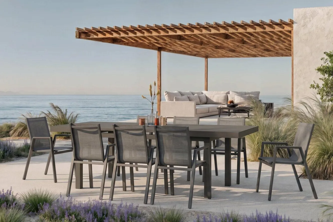 HARTMAN Aruba Garten-Essgruppe, xerix, Alu/Textilene, Tisch 180/240x100cm, 8 Stapelsessel