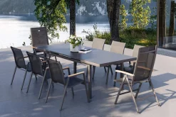 HARTMAN Aruba Teak Garten-Essgruppe, xerix, Alu/Textilene, Tisch 180/240x100cm, 6 Stapel-, 2 Klappstühle
