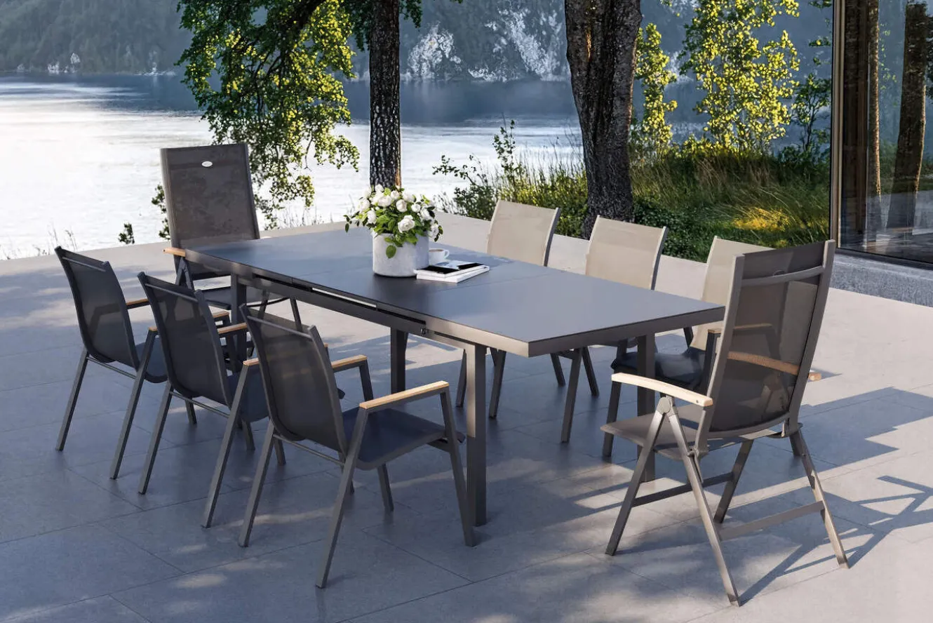 HARTMAN Aruba Teak Garten-Essgruppe, xerix, Alu/Textilene, Tisch 180/240x100cm, 6 Stapel-, 2 Klappstühle