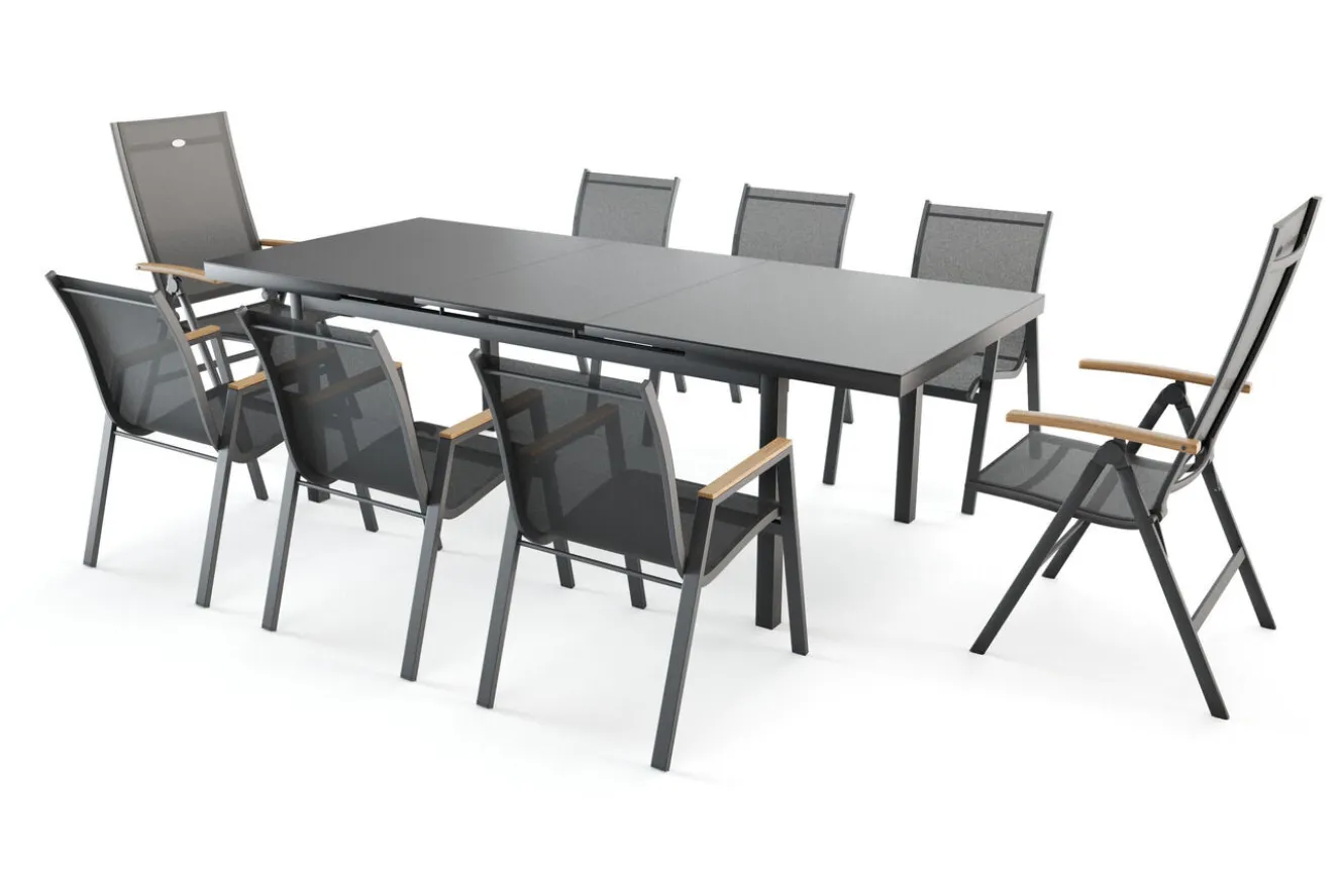 HARTMAN Aruba Teak Garten-Essgruppe, xerix, Alu/Textilene, Tisch 180/240x100cm, 6 Stapel-, 2 Klappstühle